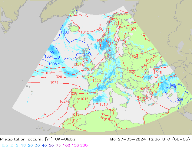 Precipitation accum. UK-Global 星期一 27.05.2024 12 UTC