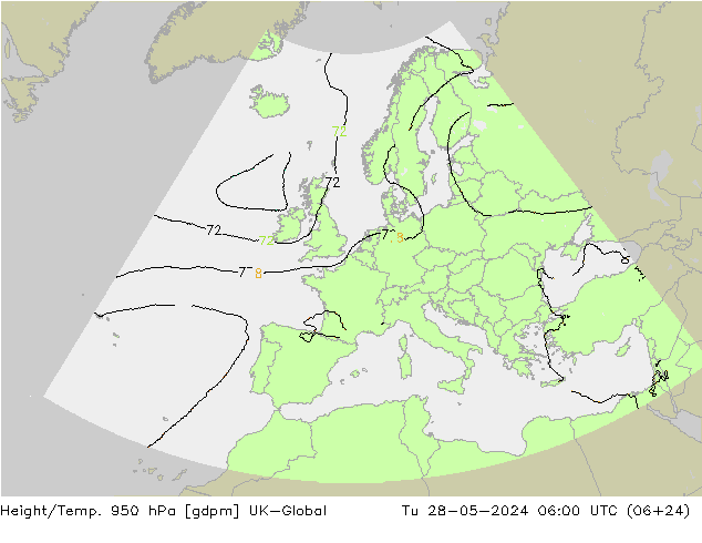 Geop./Temp. 950 hPa UK-Global mar 28.05.2024 06 UTC