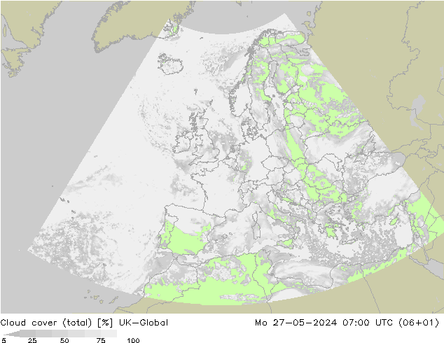 Nubes (total) UK-Global lun 27.05.2024 07 UTC