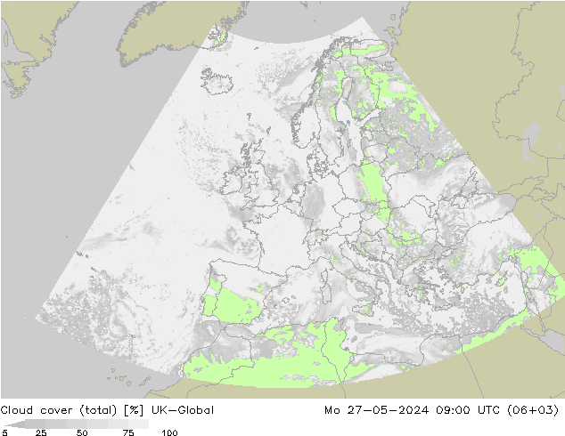 Nubes (total) UK-Global lun 27.05.2024 09 UTC