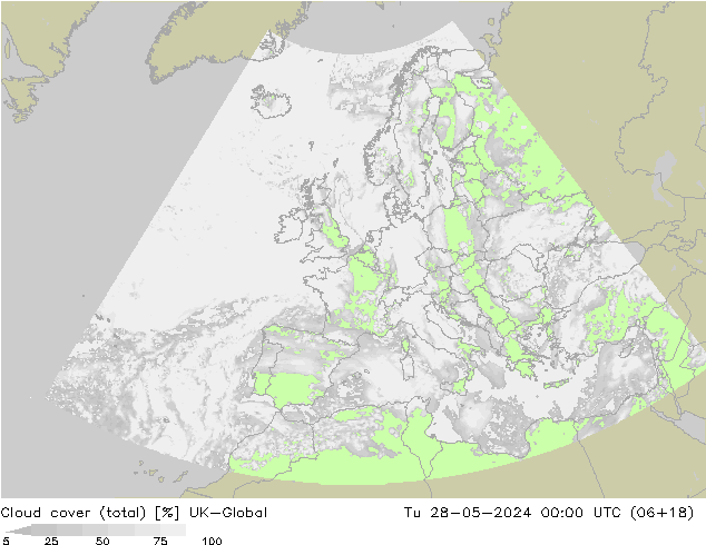 Bewolking (Totaal) UK-Global di 28.05.2024 00 UTC