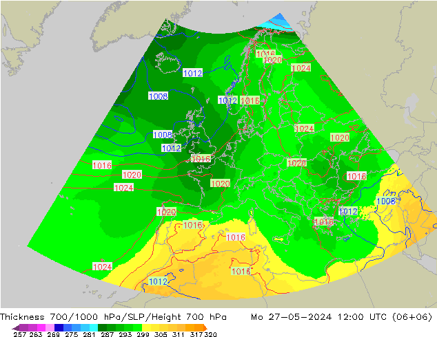 Thck 700-1000 hPa UK-Global lun 27.05.2024 12 UTC