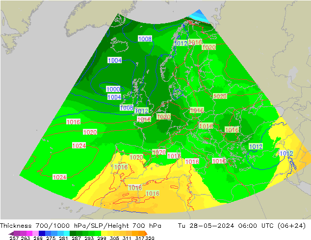 Thck 700-1000 hPa UK-Global Tu 28.05.2024 06 UTC