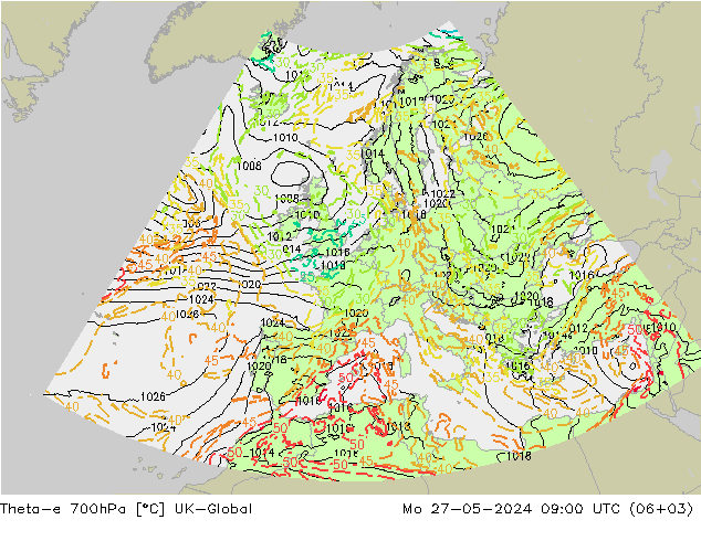 Theta-e 700гПа UK-Global пн 27.05.2024 09 UTC