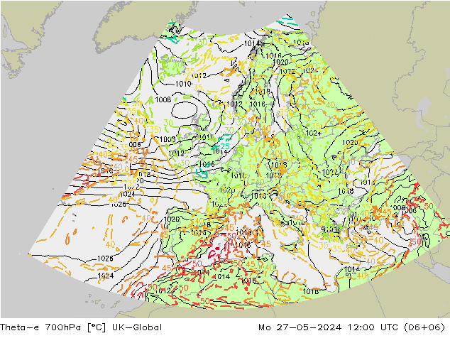 Theta-e 700hPa UK-Global Mo 27.05.2024 12 UTC