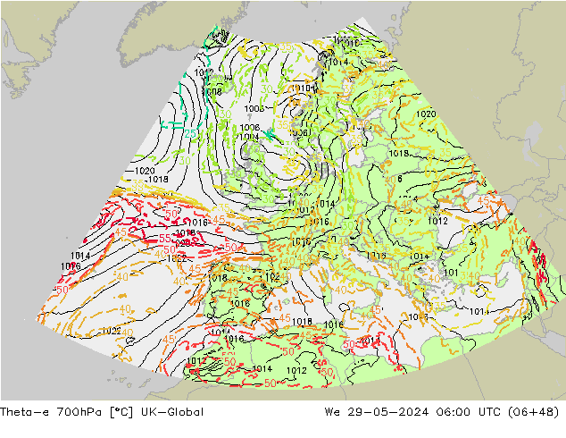 Theta-e 700hPa UK-Global We 29.05.2024 06 UTC