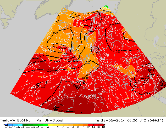 Theta-W 850hPa UK-Global Di 28.05.2024 06 UTC