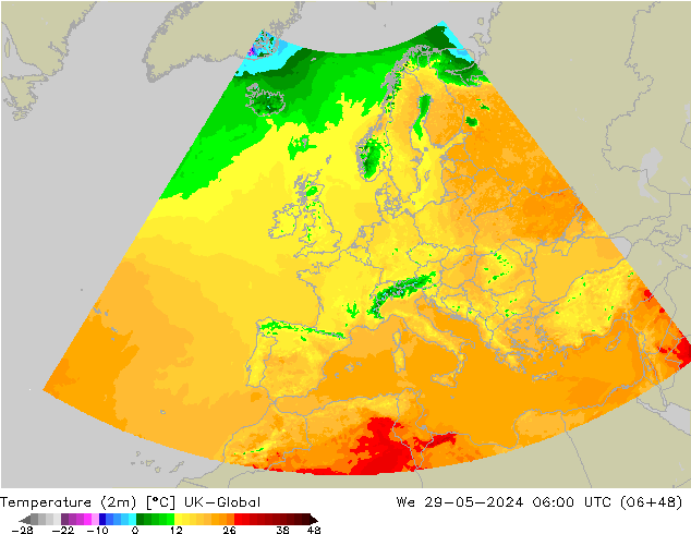 Temperatuurkaart (2m) UK-Global wo 29.05.2024 06 UTC