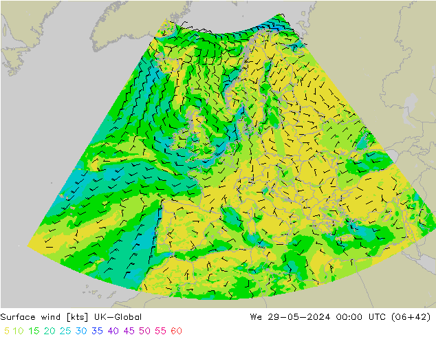 Surface wind UK-Global We 29.05.2024 00 UTC