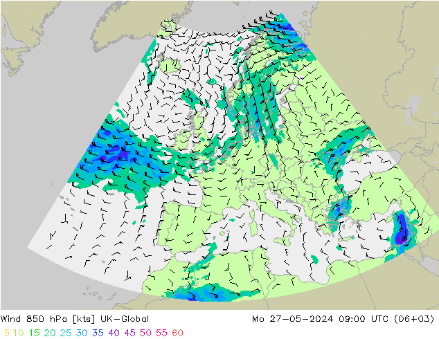 风 850 hPa UK-Global 星期一 27.05.2024 09 UTC