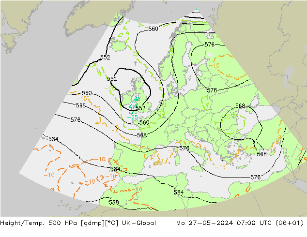 Height/Temp. 500 hPa UK-Global 星期一 27.05.2024 07 UTC