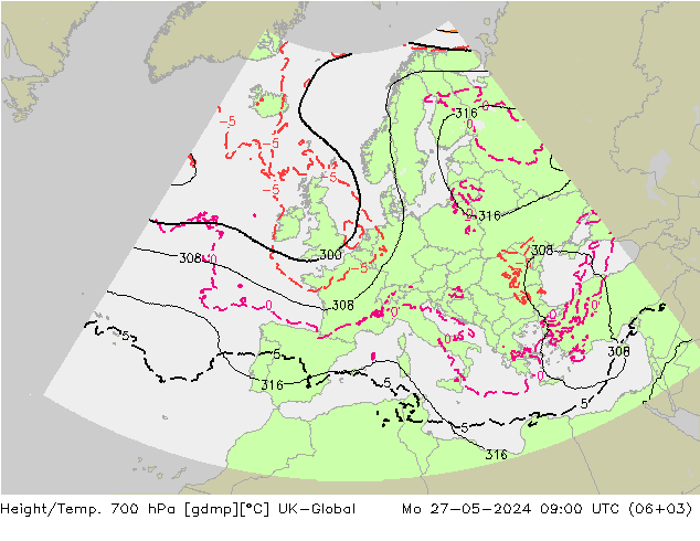 Height/Temp. 700 hPa UK-Global 星期一 27.05.2024 09 UTC