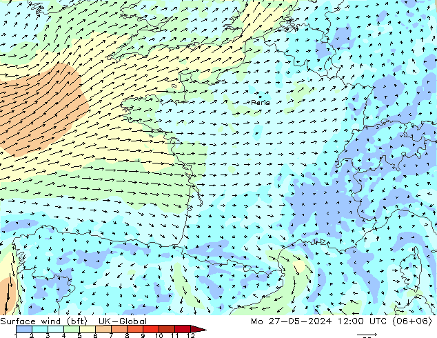 Surface wind (bft) UK-Global Mo 27.05.2024 12 UTC