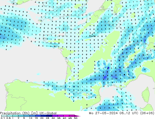 Precipitazione (6h) UK-Global lun 27.05.2024 12 UTC
