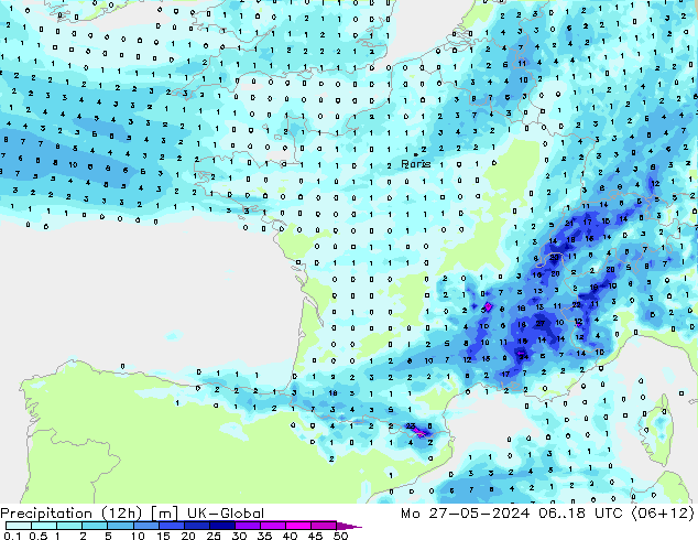 Precipitação (12h) UK-Global Seg 27.05.2024 18 UTC