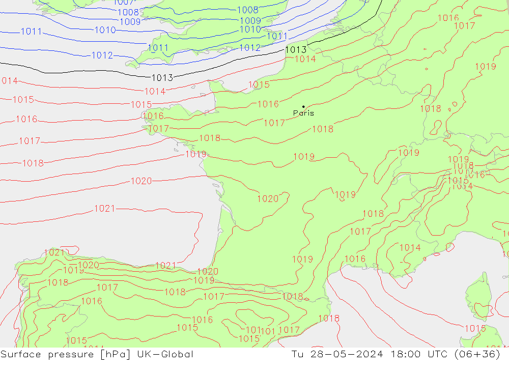 Surface pressure UK-Global Tu 28.05.2024 18 UTC