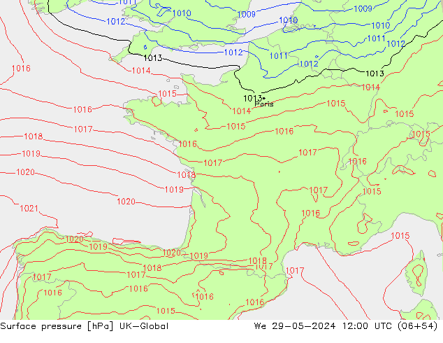 Pressione al suolo UK-Global mer 29.05.2024 12 UTC