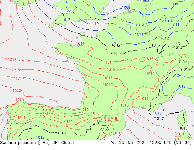 Surface pressure UK-Global We 29.05.2024 18 UTC