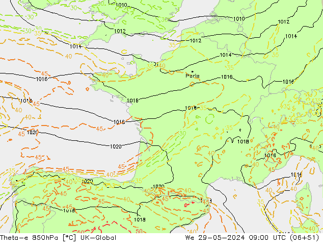 Theta-e 850hPa UK-Global St 29.05.2024 09 UTC