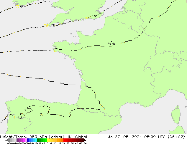 Height/Temp. 950 hPa UK-Global Mo 27.05.2024 08 UTC