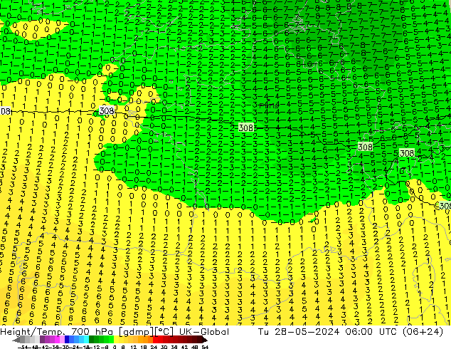 Height/Temp. 700 hPa UK-Global  28.05.2024 06 UTC