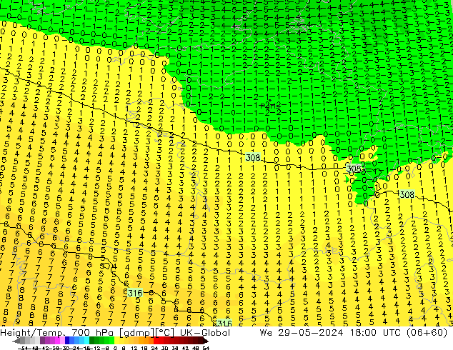 Height/Temp. 700 hPa UK-Global Qua 29.05.2024 18 UTC