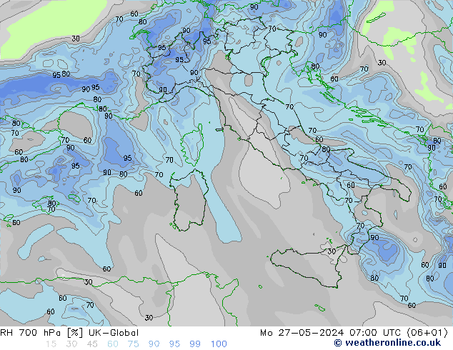 Humidité rel. 700 hPa UK-Global lun 27.05.2024 07 UTC