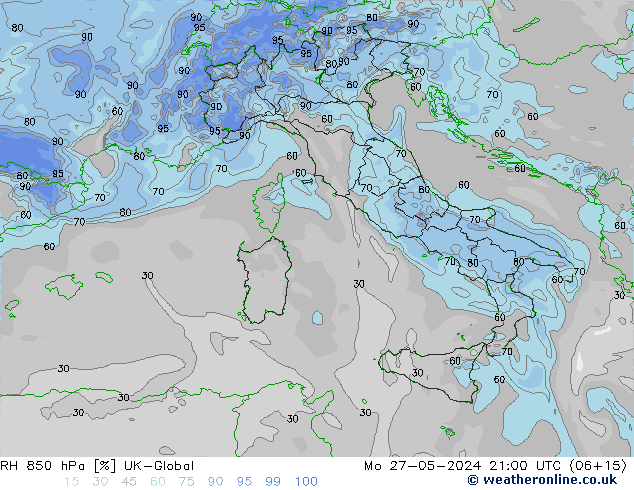 RH 850 hPa UK-Global Po 27.05.2024 21 UTC