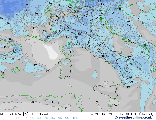 Humedad rel. 850hPa UK-Global mar 28.05.2024 12 UTC