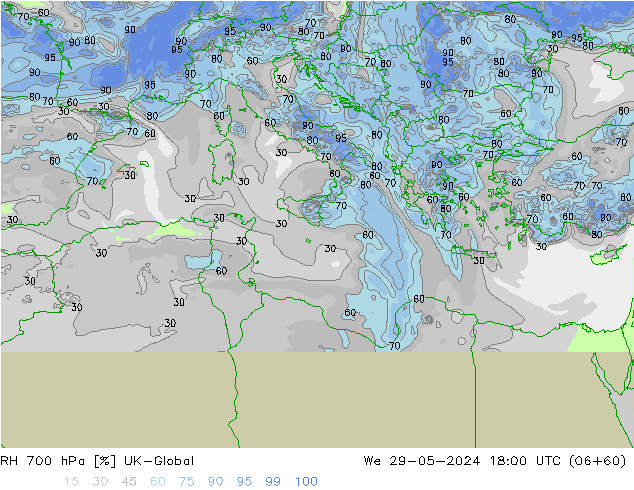 RH 700 hPa UK-Global śro. 29.05.2024 18 UTC