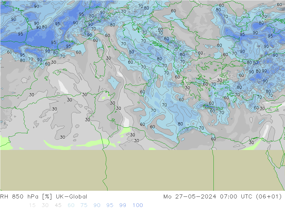 RH 850 hPa UK-Global Mo 27.05.2024 07 UTC