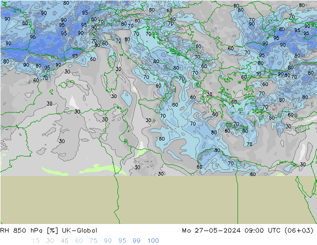 RH 850 гПа UK-Global пн 27.05.2024 09 UTC