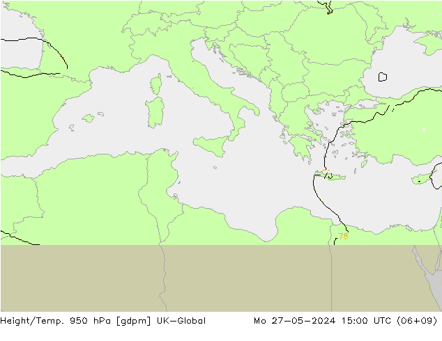 Height/Temp. 950 hPa UK-Global pon. 27.05.2024 15 UTC