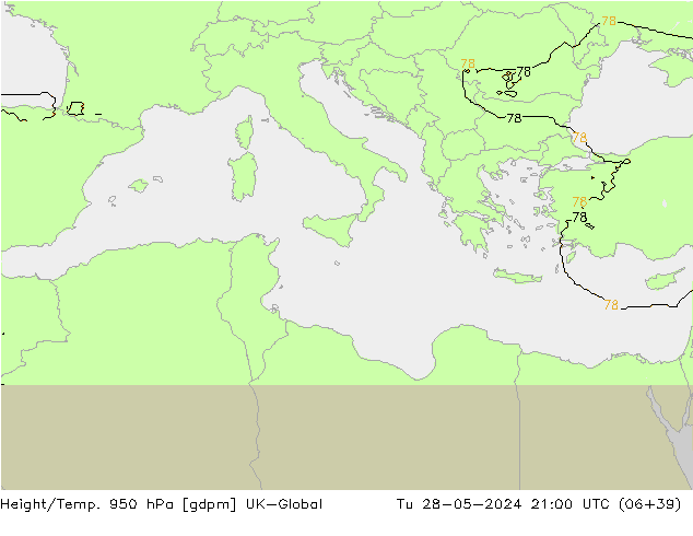 Height/Temp. 950 hPa UK-Global Tu 28.05.2024 21 UTC