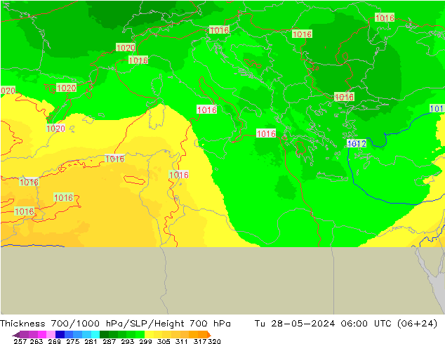 Thck 700-1000 hPa UK-Global Út 28.05.2024 06 UTC