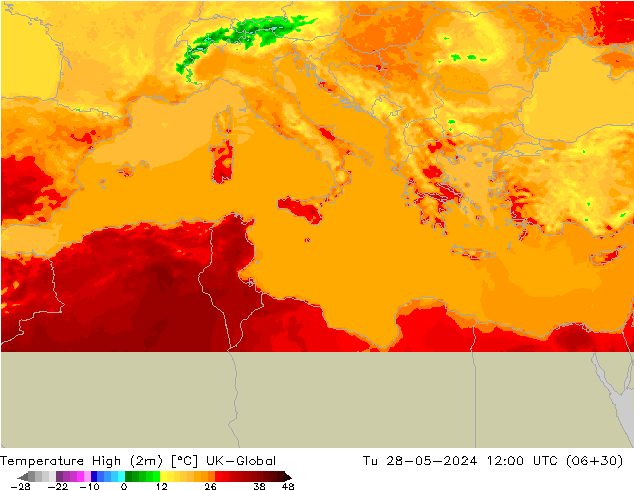 Max.temperatuur (2m) UK-Global di 28.05.2024 12 UTC