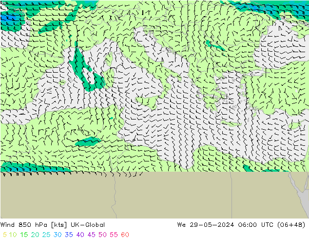 Wind 850 hPa UK-Global We 29.05.2024 06 UTC