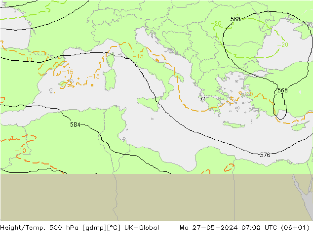 Height/Temp. 500 hPa UK-Global pon. 27.05.2024 07 UTC