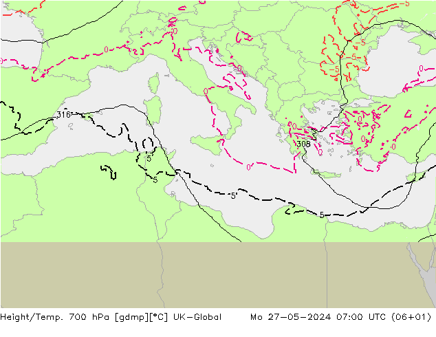 Height/Temp. 700 hPa UK-Global Mo 27.05.2024 07 UTC