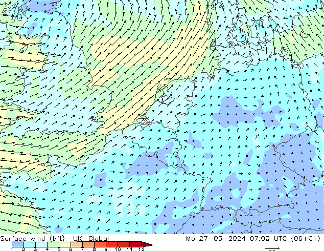 Surface wind (bft) UK-Global Mo 27.05.2024 07 UTC