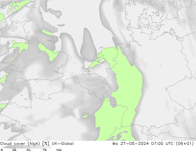 Cloud cover (high) UK-Global Mo 27.05.2024 07 UTC