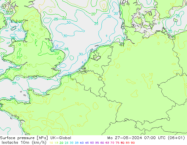 Isotachen (km/h) UK-Global Mo 27.05.2024 07 UTC