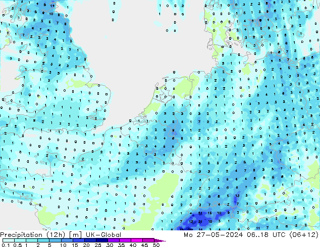 Precipitation (12h) UK-Global Po 27.05.2024 18 UTC