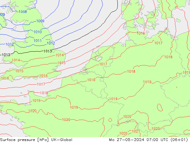 Surface pressure UK-Global Mo 27.05.2024 07 UTC