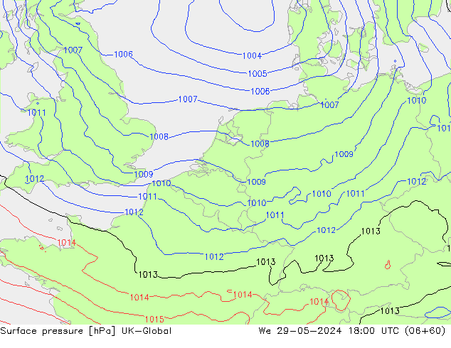 Pressione al suolo UK-Global mer 29.05.2024 18 UTC