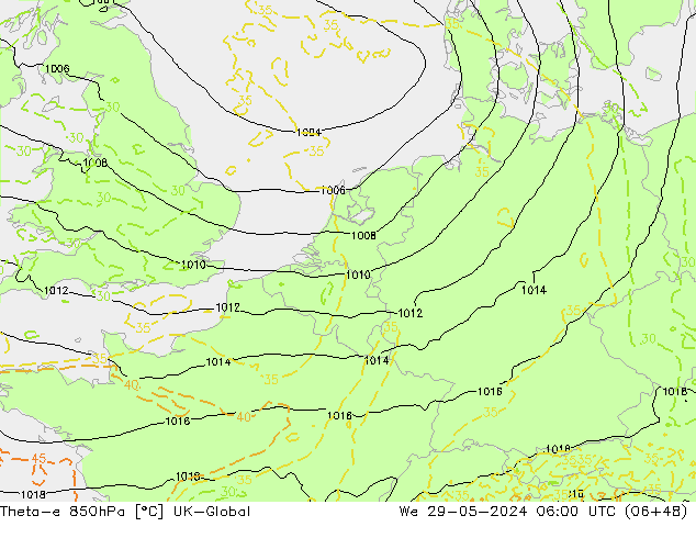 Theta-e 850hPa UK-Global śro. 29.05.2024 06 UTC