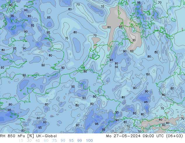 RH 850 hPa UK-Global Mo 27.05.2024 09 UTC