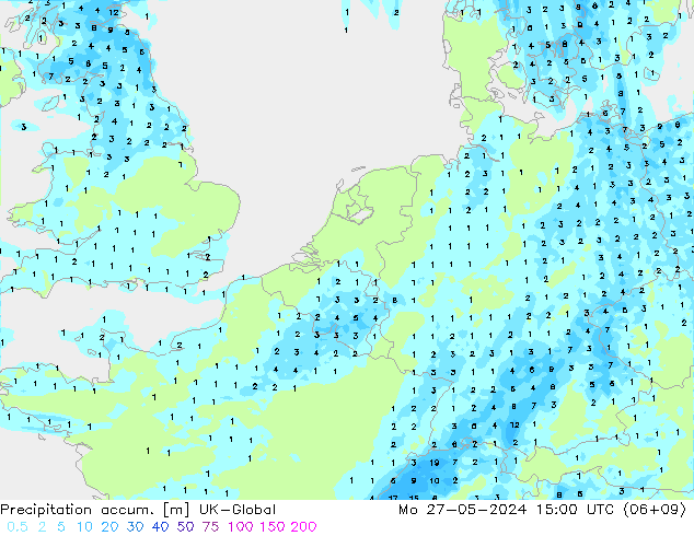 Precipitation accum. UK-Global Mo 27.05.2024 15 UTC