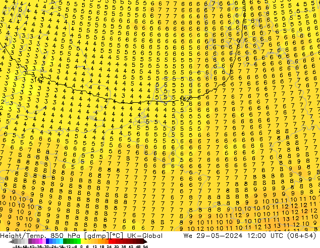 Yükseklik/Sıc. 850 hPa UK-Global Çar 29.05.2024 12 UTC