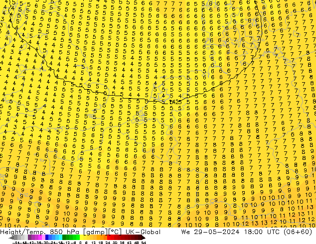 Height/Temp. 850 hPa UK-Global mer 29.05.2024 18 UTC